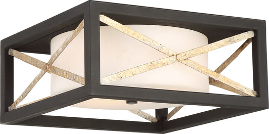 Boxer - 2 Light Flush Fixture with Satin White Glass - Matte Black Finish with Antique Silver Accents