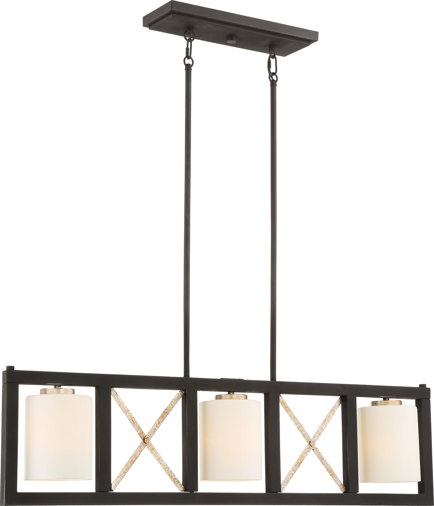 Boxer - 3 Light Island Pendant with Satin White Glass - Matte Black Finish with Antique Silver Accents