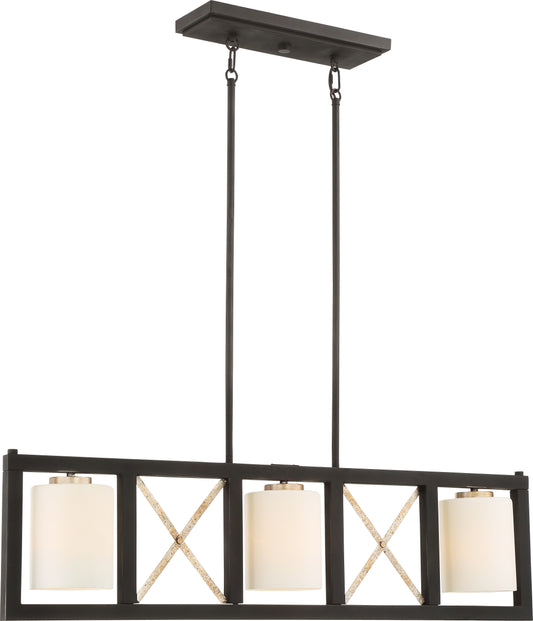 Boxer - 3 Light Island Pendant with Satin White Glass - Matte Black Finish with Antique Silver Accents