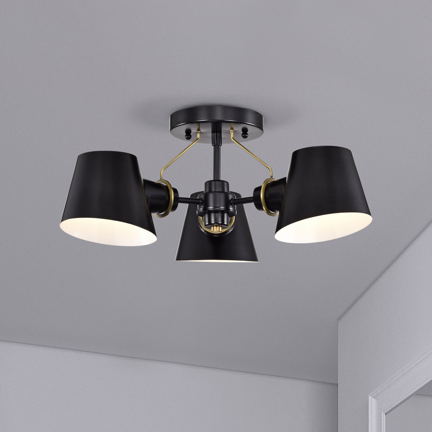 Baxter - 3 Light Semi-Flush - Black with Burnished Brass