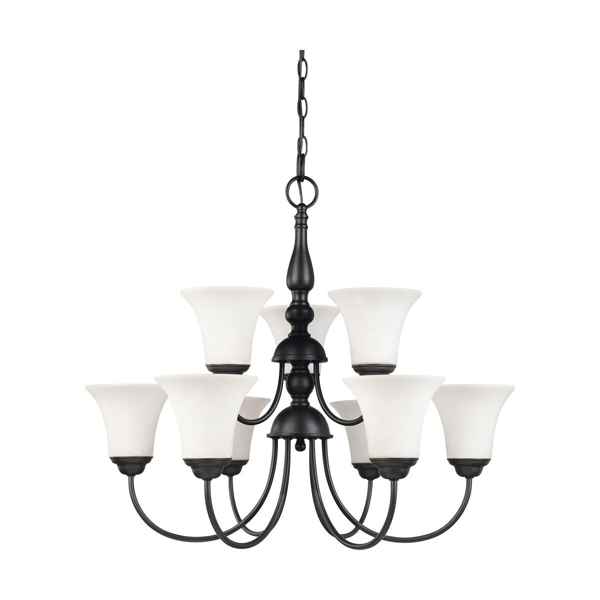 Dupont - 9 Light 2 Tier Chandelier with Satin White Glass - Dark Chocolate Bronze Finish