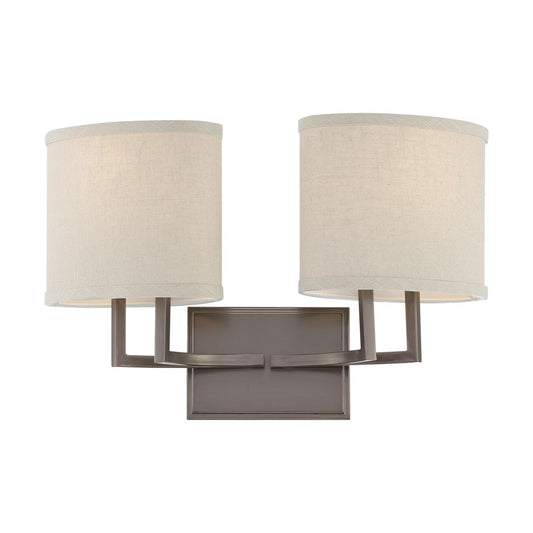 Gemini - 2 Light Vanity with Khaki Fabric Shades - Hazel Bronze Finish