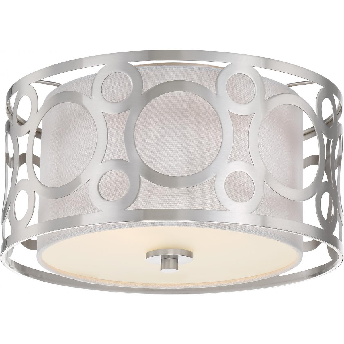 Filigree - 2 Light Flush With White Linen Shade - Brushed Nickel Finish